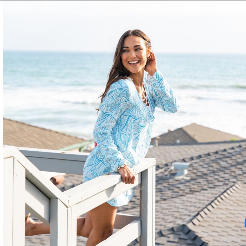 Charlie Holiday The Coco Cover Up Hooded Tropical Banana Leaf Blue Medium - Picture 5 of 14
